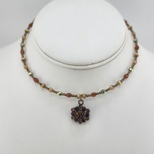 Beaded Necklace Flower Charm Brown Tan Olive Green Boho Chic Jewelry‎